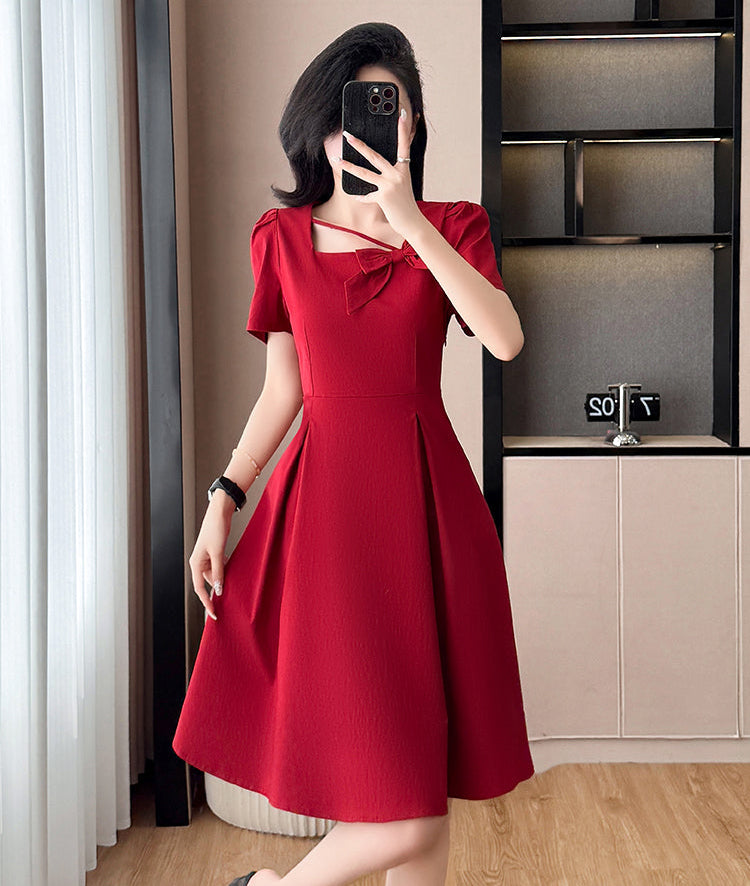 Plus Size Asymmetric Neckline Dress-Elegant A-Line Cocktail Dress With Bow Detail