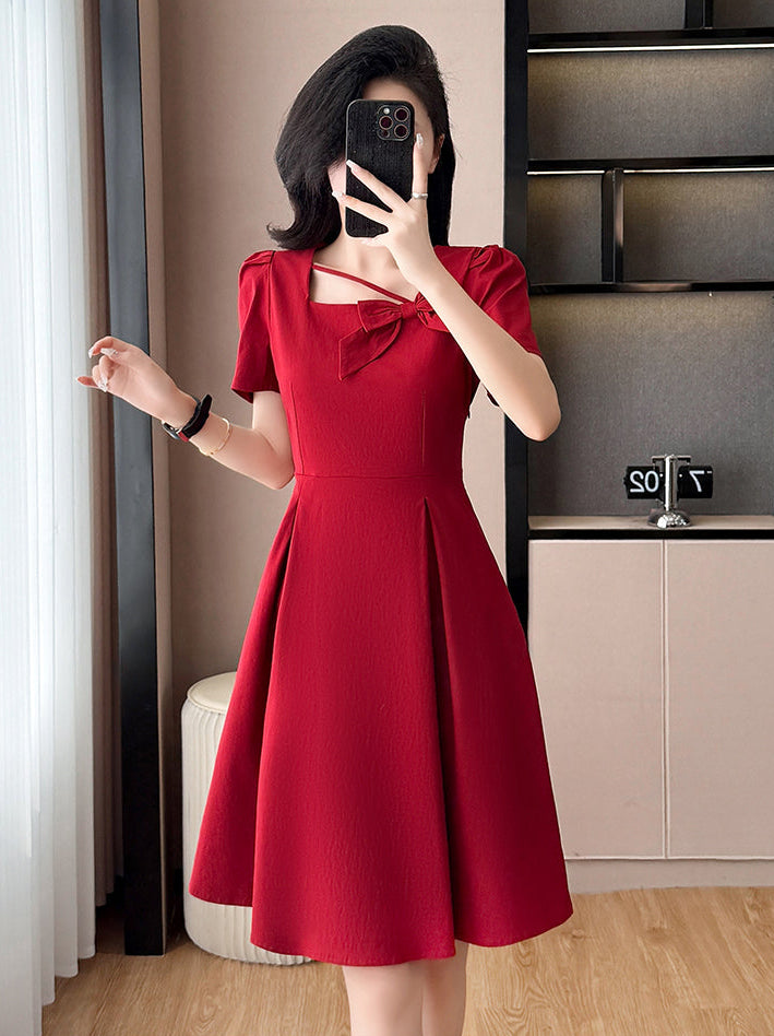 Plus Size Asymmetric Neckline Dress-Elegant A-Line Cocktail Dress With Bow Detail
