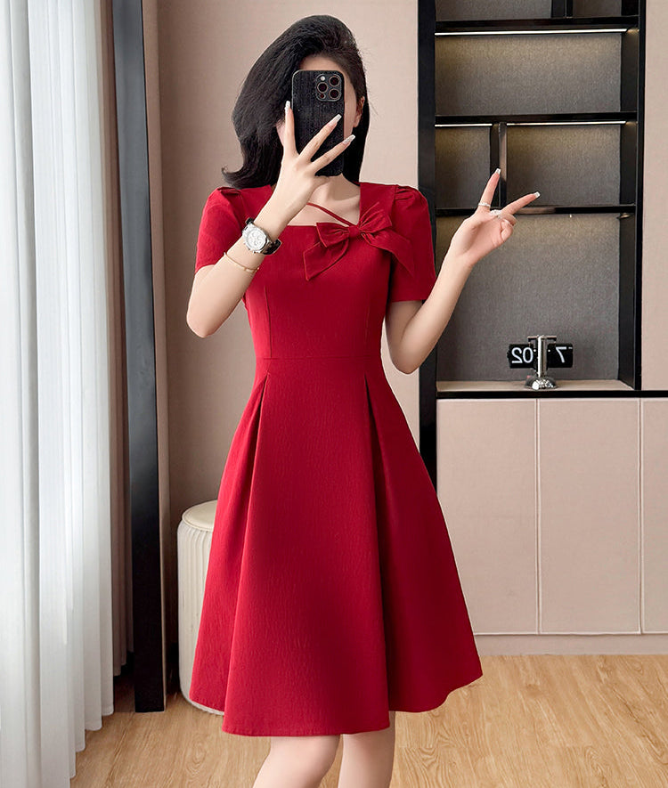 Plus Size Asymmetric Neckline Dress-Elegant A-Line Cocktail Dress With Bow Detail