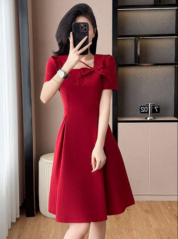 Plus Size Asymmetric Neckline Dress-Elegant A-Line Cocktail Dress With Bow Detail