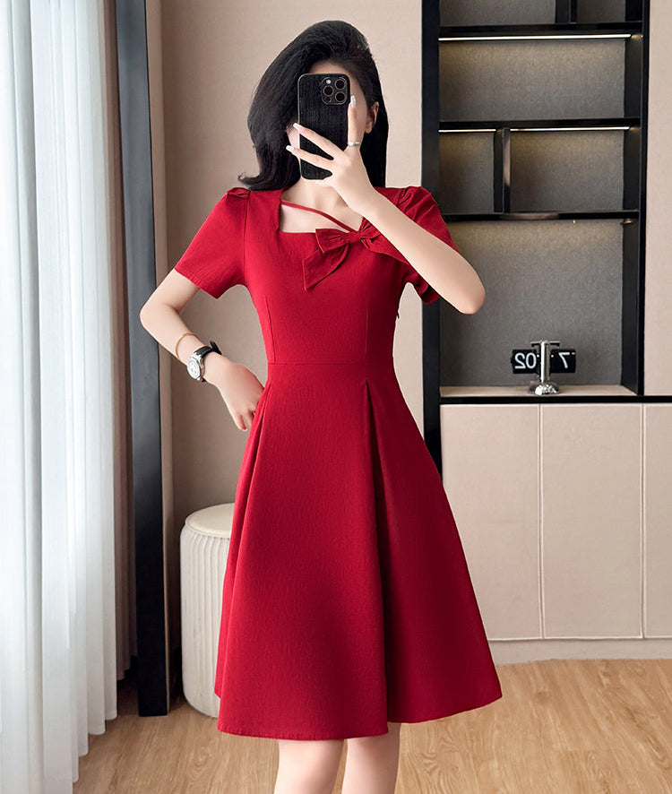 Plus Size Asymmetric Neckline Dress-Elegant A-Line Cocktail Dress With Bow Detail