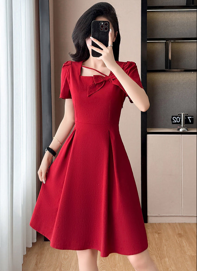 Plus Size Asymmetric Neckline Dress-Elegant A-Line Cocktail Dress With Bow Detail