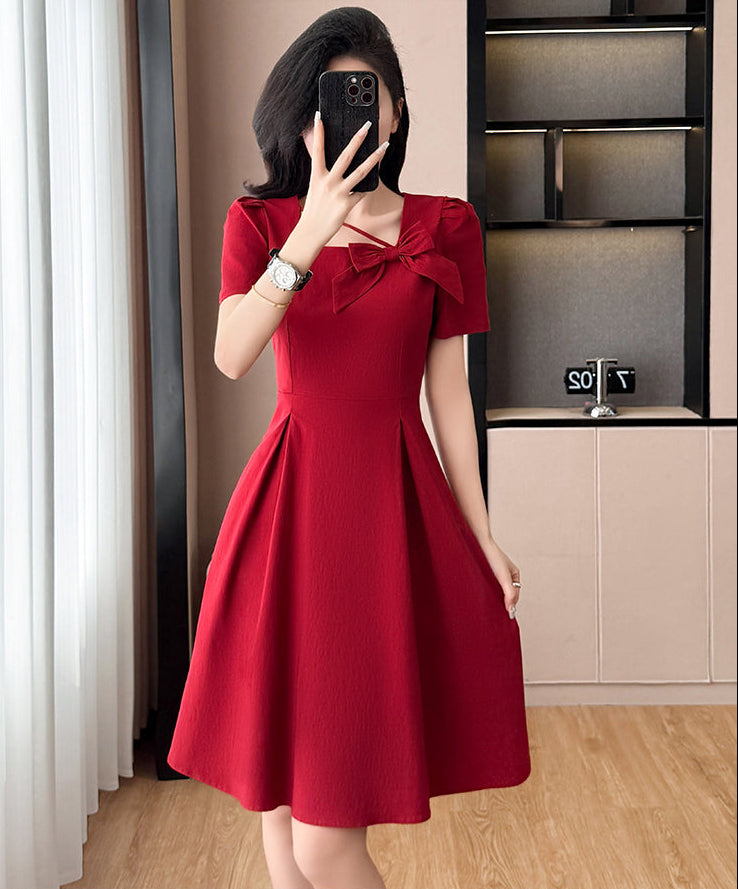 Plus Size Asymmetric Neckline Dress-Elegant A-Line Cocktail Dress With Bow Detail