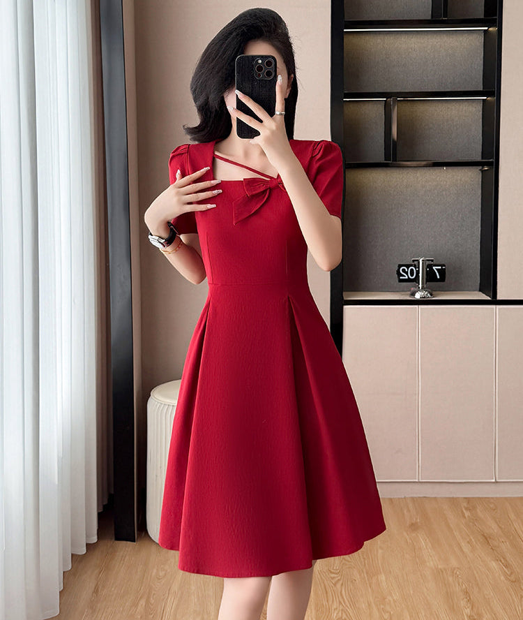 Plus Size Asymmetric Neckline Dress-Elegant A-Line Cocktail Dress With Bow Detail