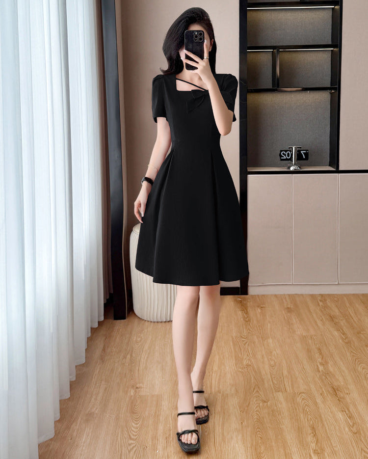 Plus Size Asymmetric Neckline Dress-Elegant A-Line Cocktail Dress With Bow Detail