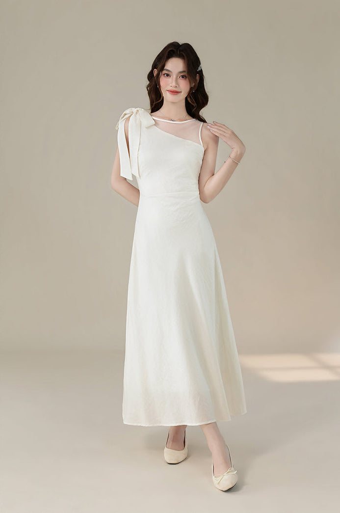 White One-Shoulder Bow Midi Dress