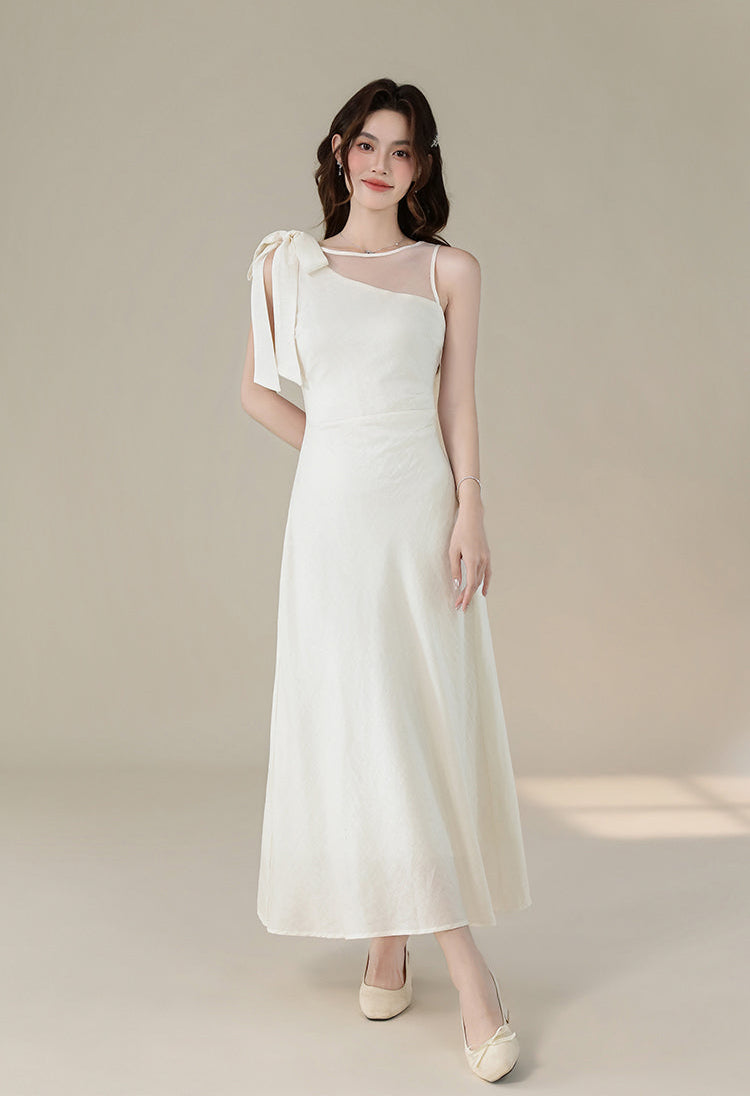 White One-Shoulder Bow Midi Dress
