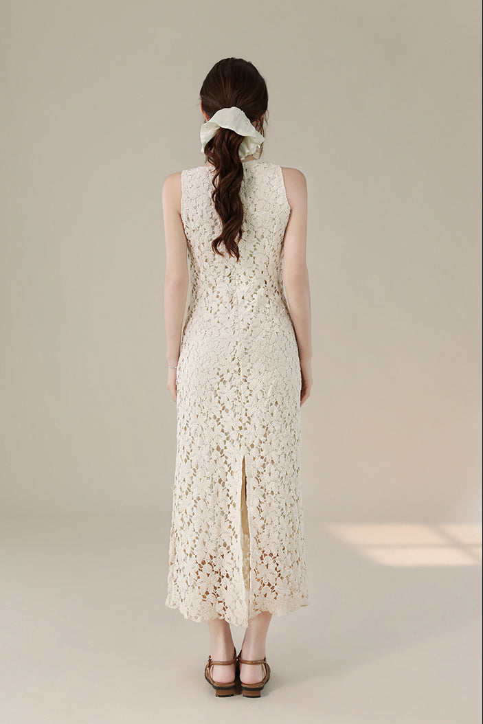French Retro Sleeveless Floral Lace Dress