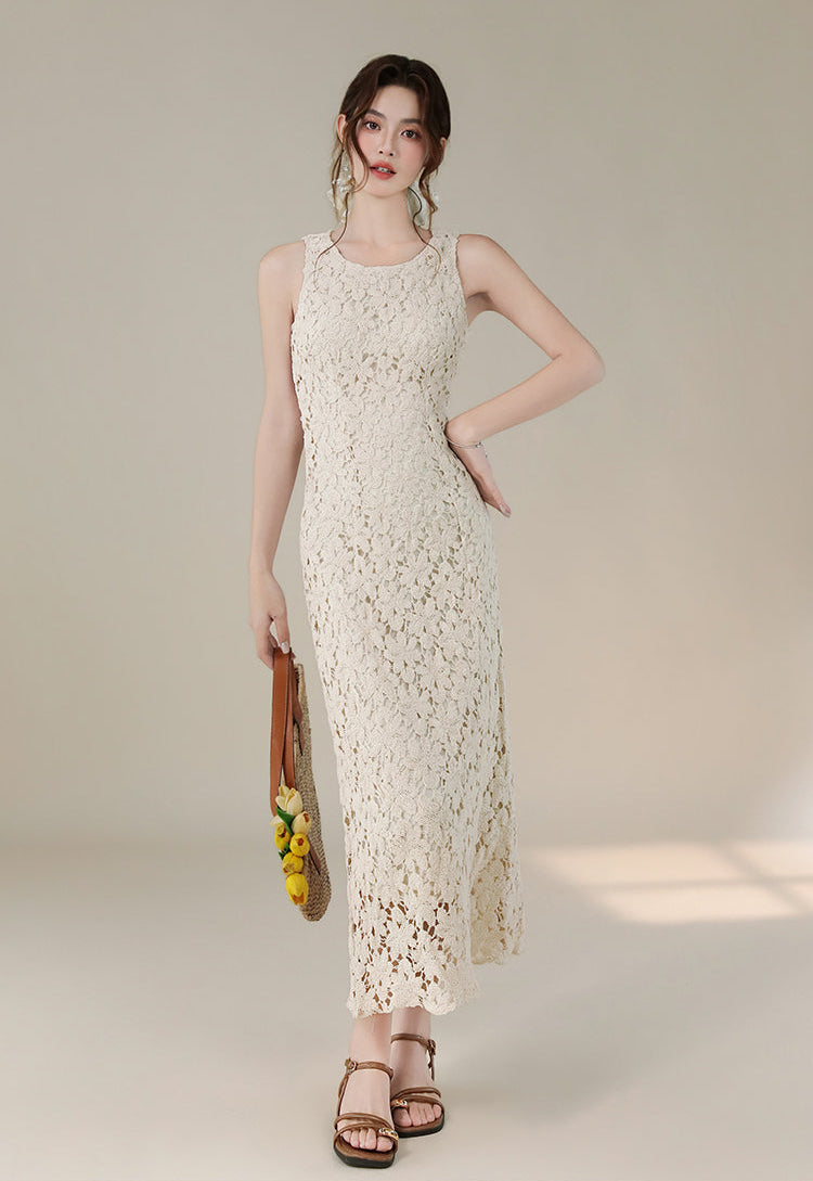 French Retro Sleeveless Floral Lace Dress