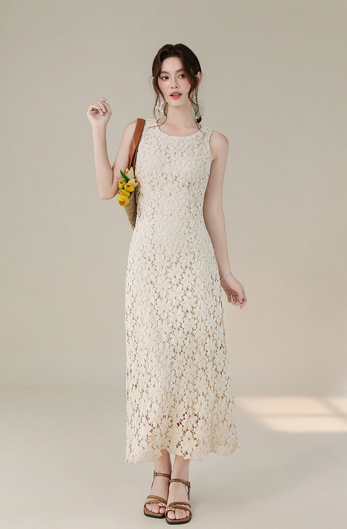 French Retro Sleeveless Floral Lace Dress