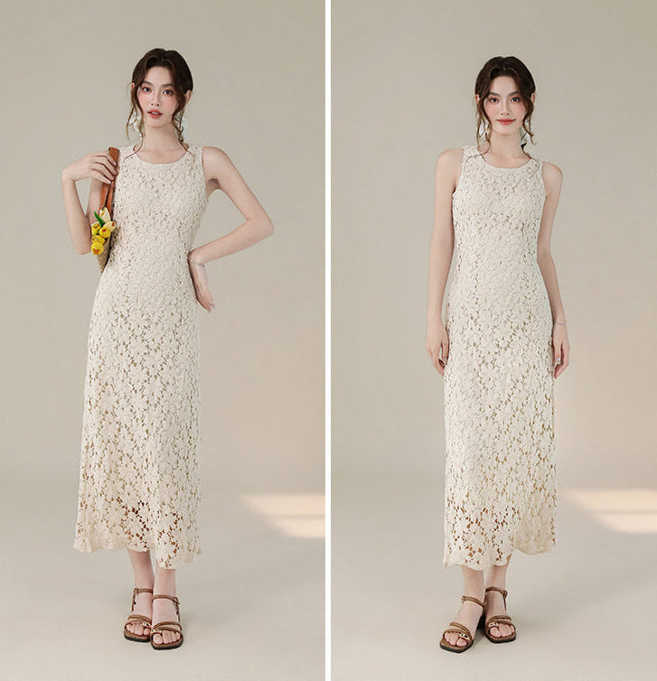 French Retro Sleeveless Floral Lace Dress