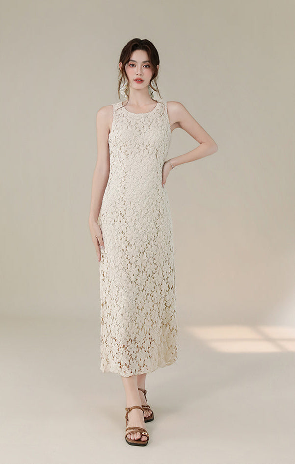 French Retro Sleeveless Floral Lace Dress