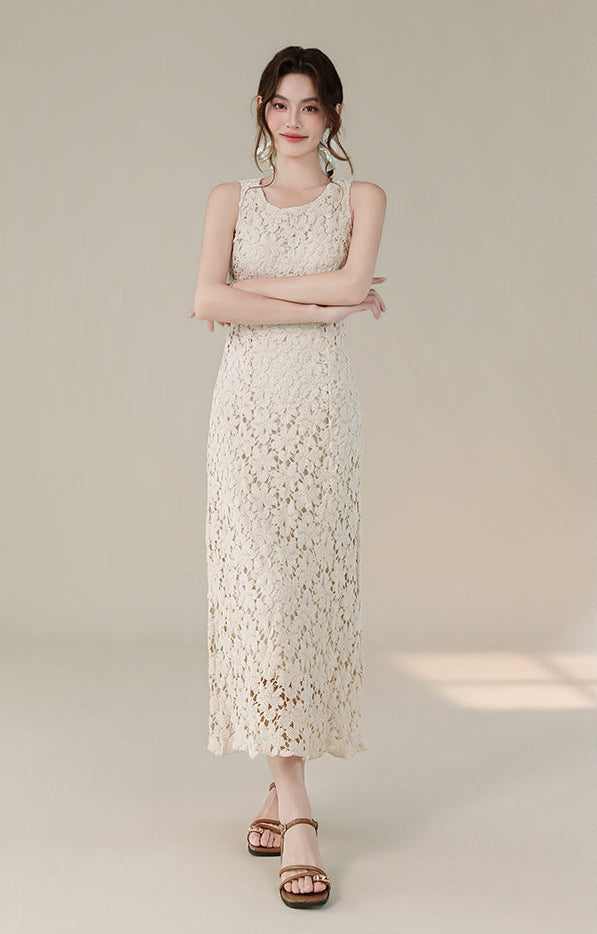 French Retro Sleeveless Floral Lace Dress