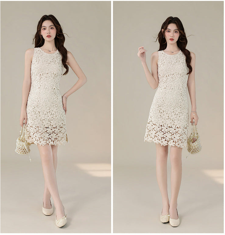 French Retro Sleeveless Floral Lace Dress