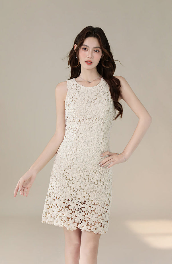 French Retro Sleeveless Floral Lace Dress