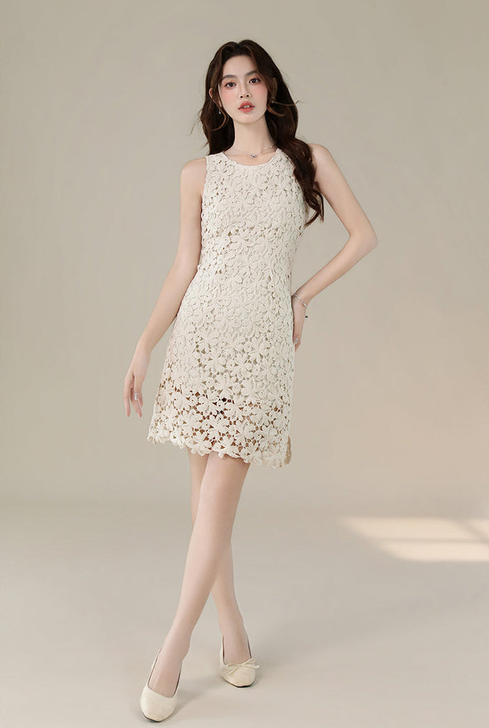 French Retro Sleeveless Floral Lace Dress