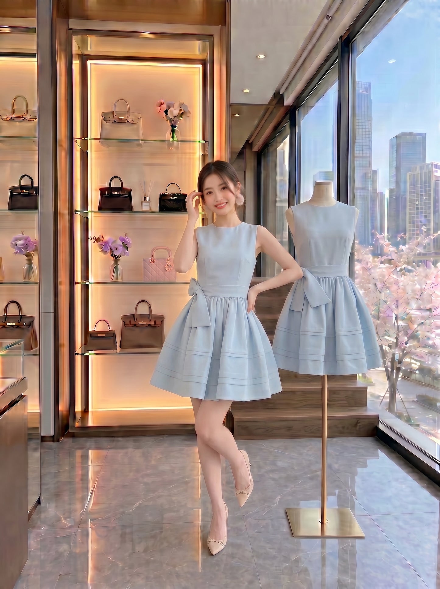Baby Blue Sleeveless Bow Mini Dress