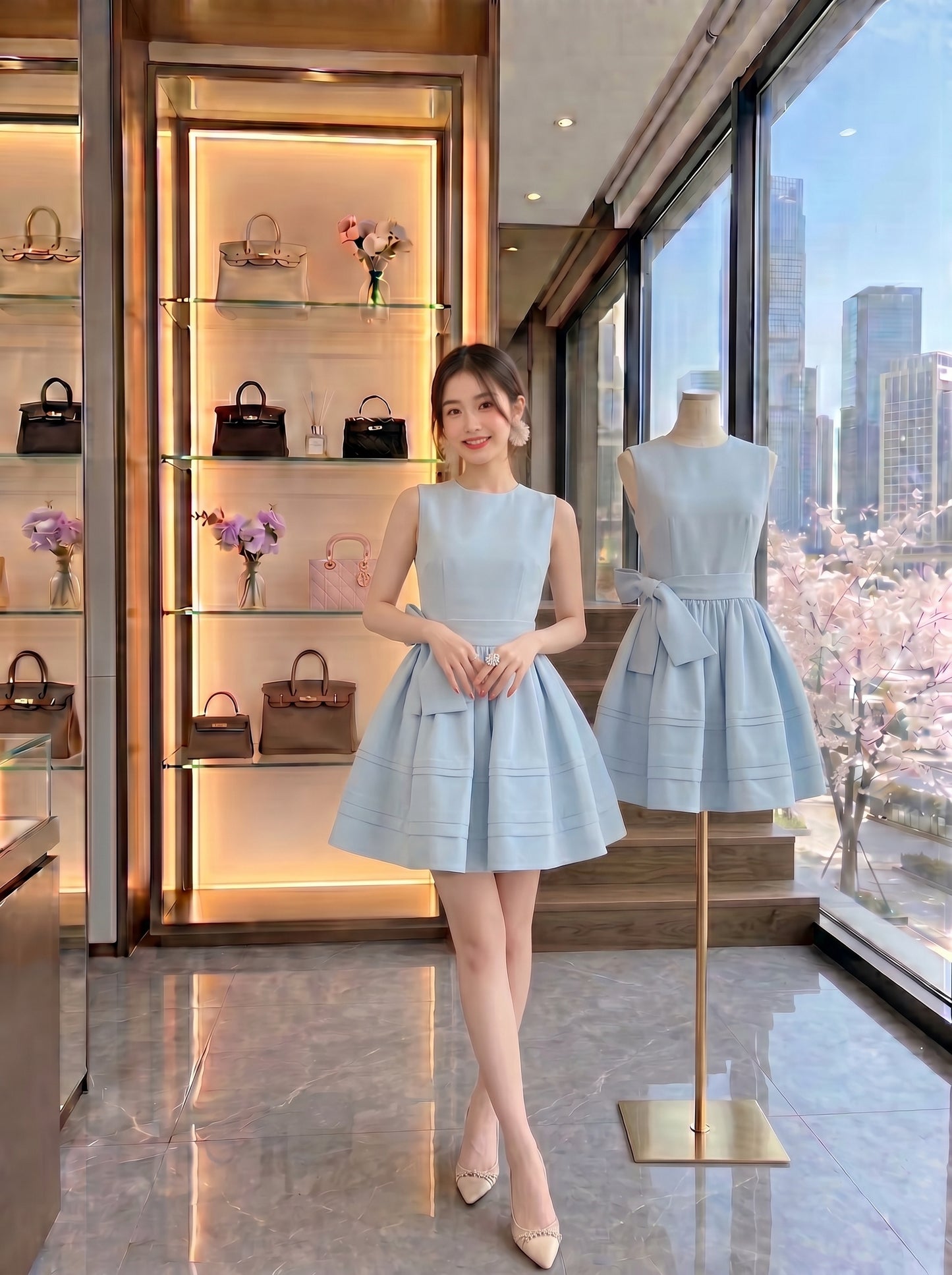 Baby Blue Sleeveless Bow Mini Dress