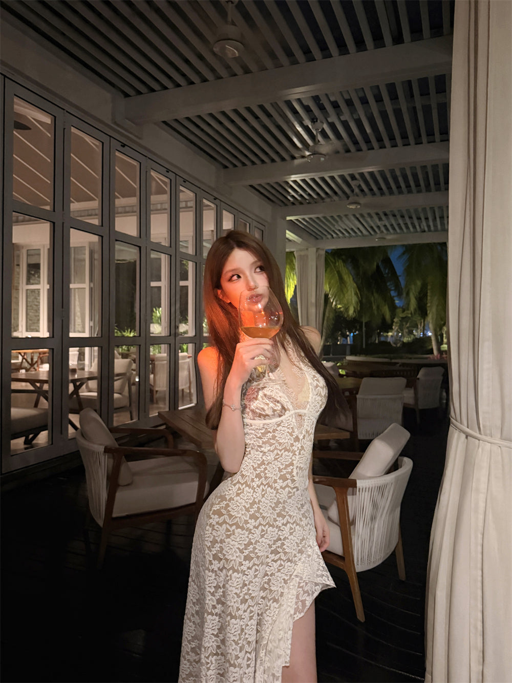 Sheer Floral Lace Ruffle Maxi Dress