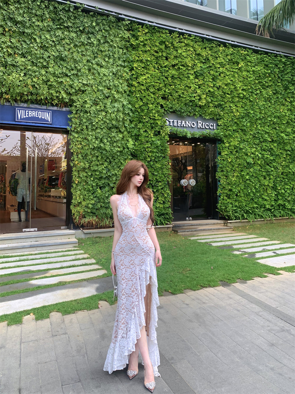 Sheer Floral Lace Ruffle Maxi Dress