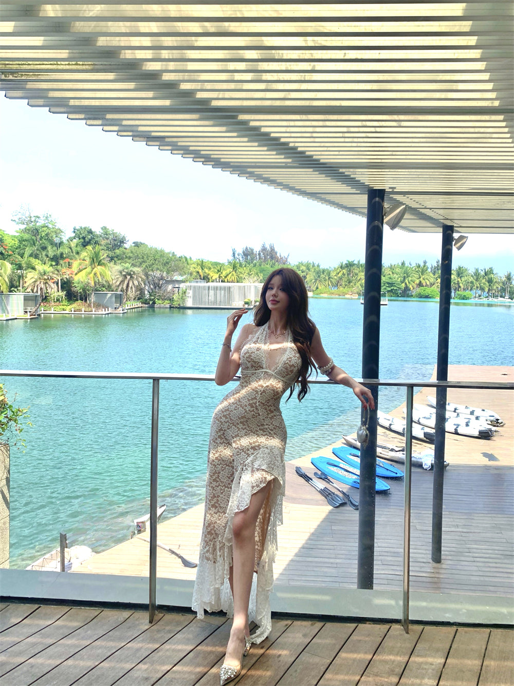 Sheer Floral Lace Ruffle Maxi Dress