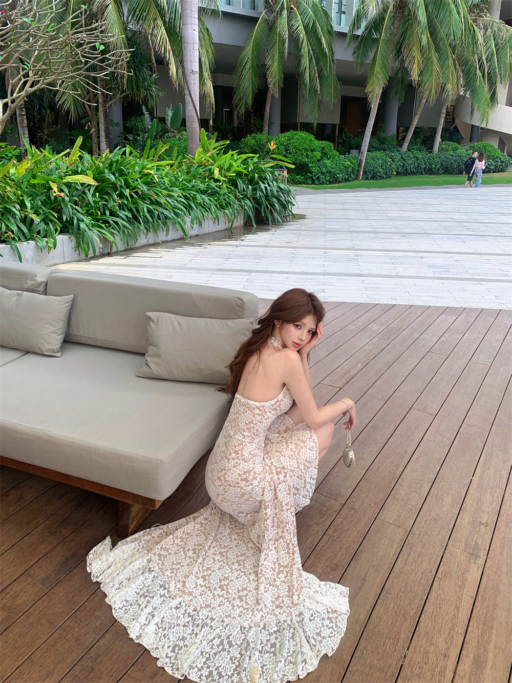 Sheer Floral Lace Ruffle Maxi Dress