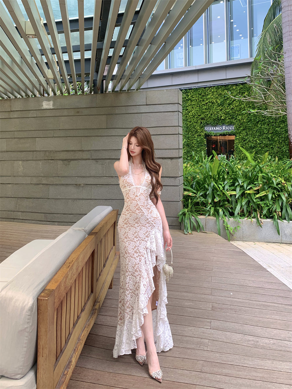 Sheer Floral Lace Ruffle Maxi Dress