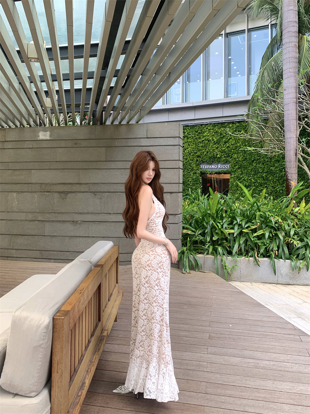 Sheer Floral Lace Ruffle Maxi Dress