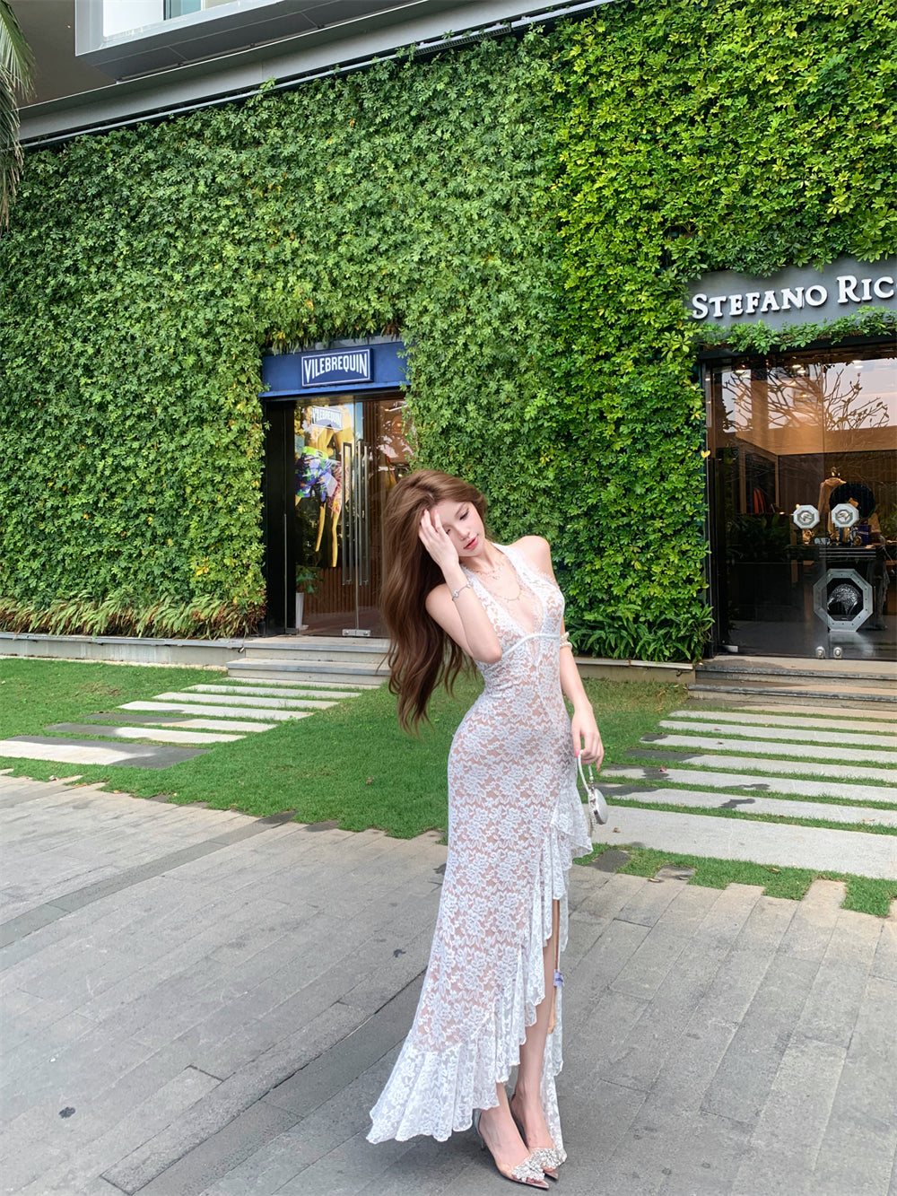 Sheer Floral Lace Ruffle Maxi Dress
