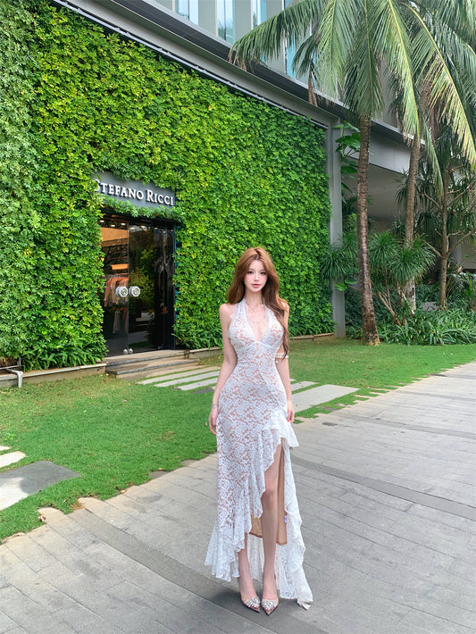 Sheer Floral Lace Ruffle Maxi Dress