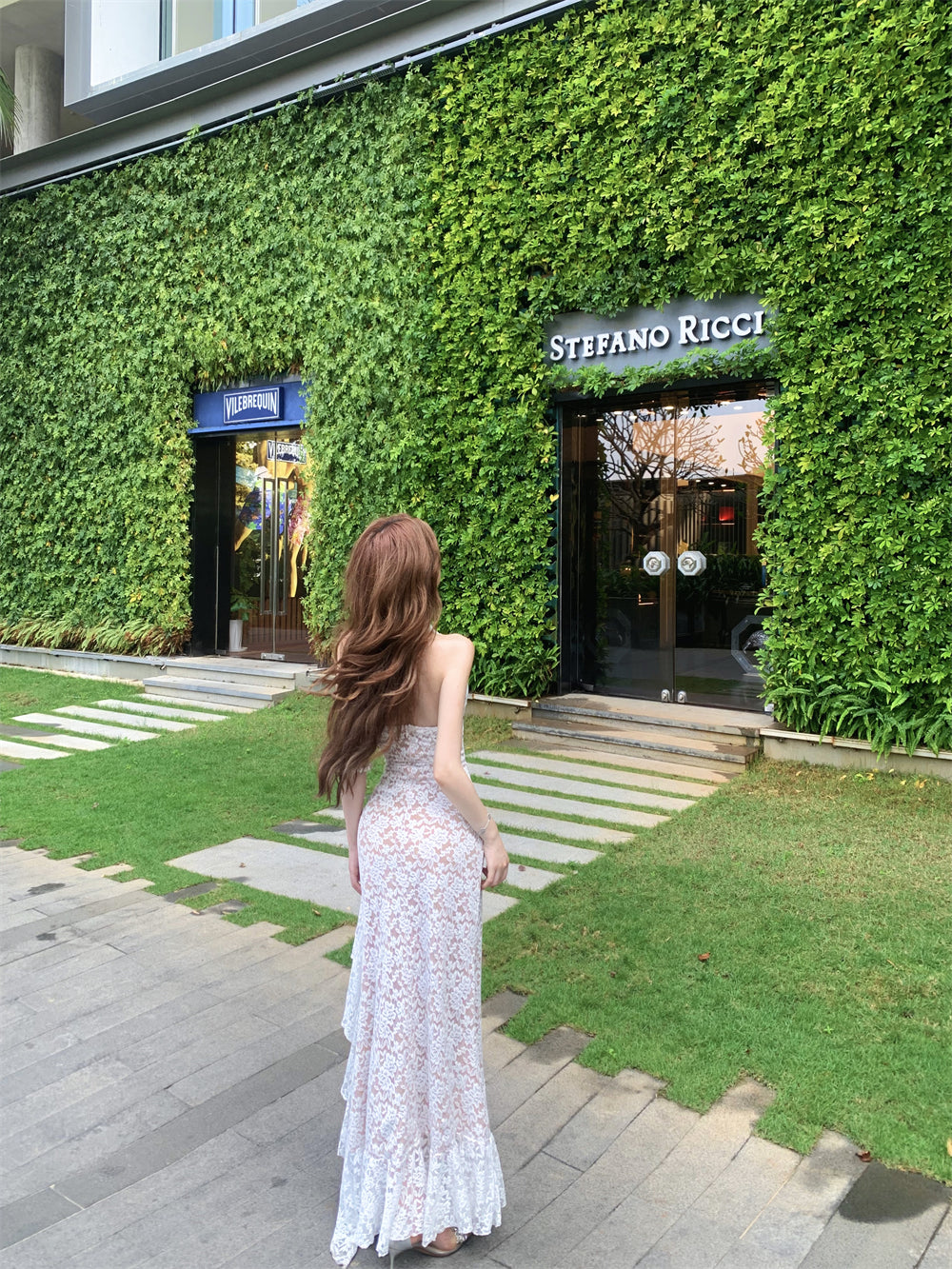 Sheer Floral Lace Ruffle Maxi Dress