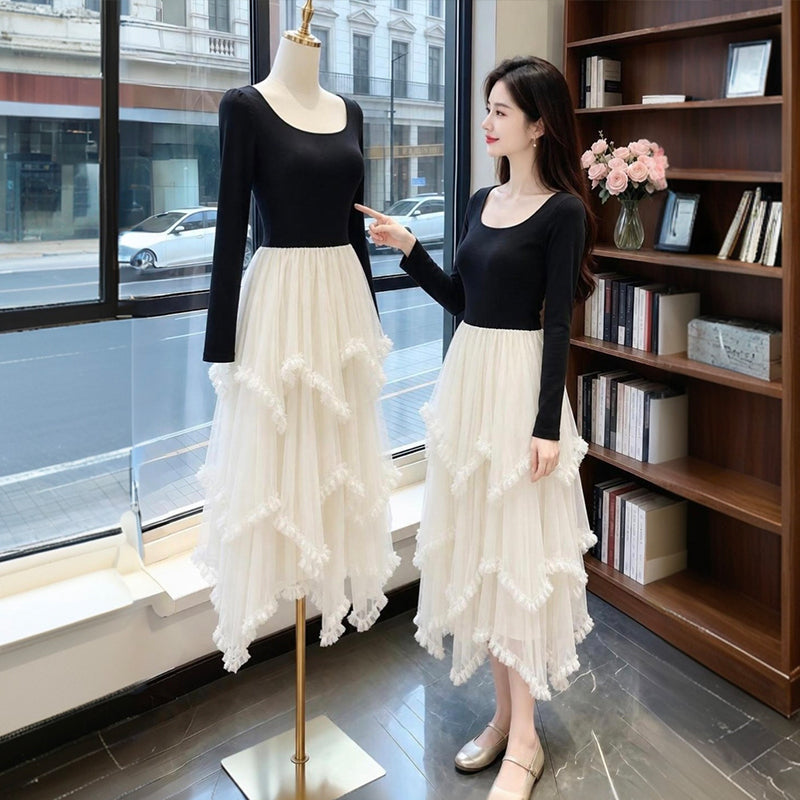 Balletcore Tiered Ruffle Tulle Long Sleeve Midi Dress