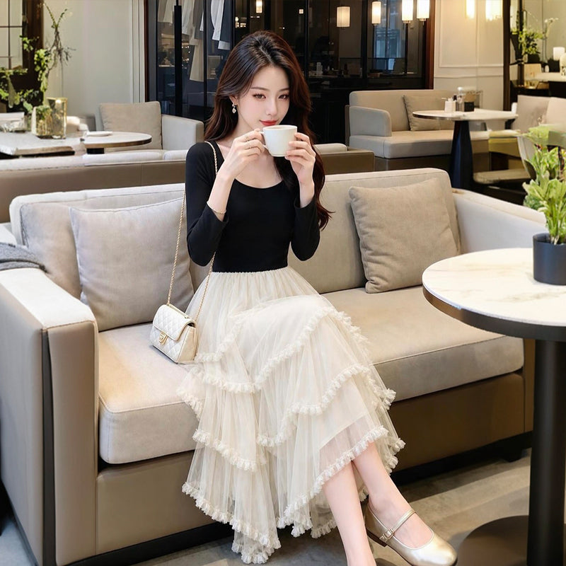 Balletcore Tiered Ruffle Tulle Long Sleeve Midi Dress
