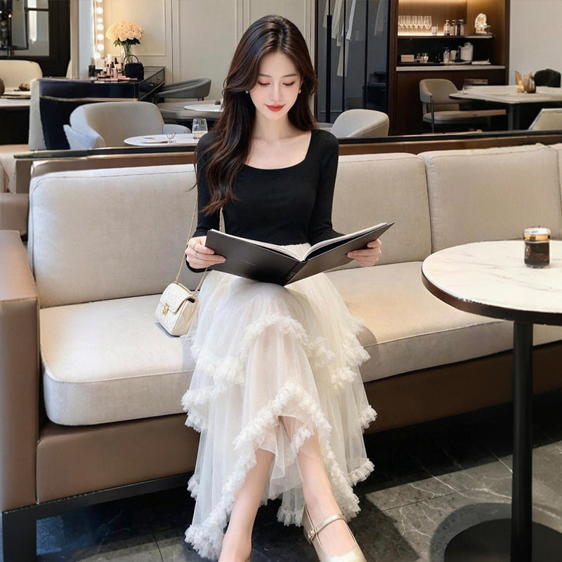 Balletcore Tiered Ruffle Tulle Long Sleeve Midi Dress