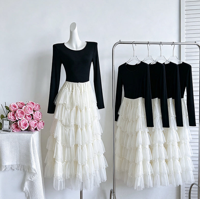 Balletcore Tiered Ruffle Tulle Long Sleeve Midi Dress