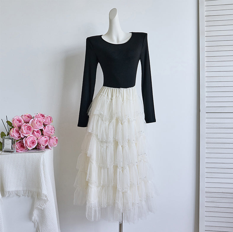 Balletcore Tiered Ruffle Tulle Long Sleeve Midi Dress