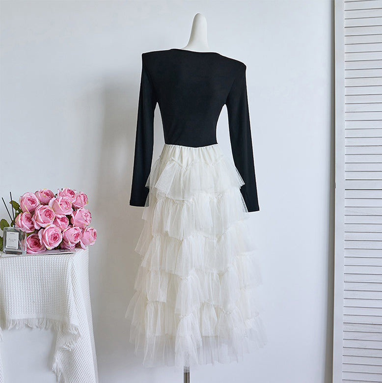 Balletcore Tiered Ruffle Tulle Long Sleeve Midi Dress