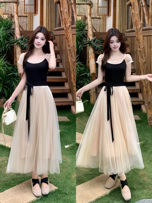 Balletcore Style High-Waist Mesh Gown  With Ribbon Tie