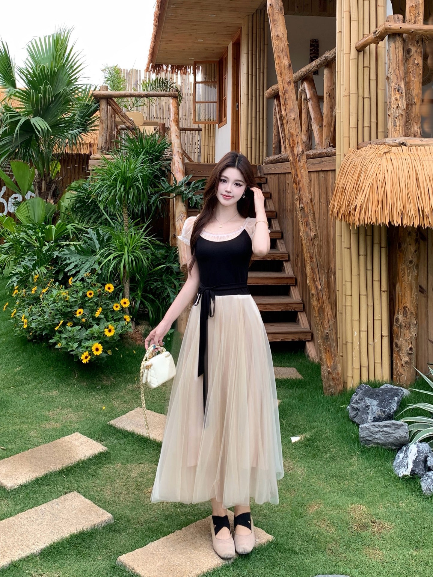Balletcore Style High-Waist Mesh Gown  With Ribbon Tie