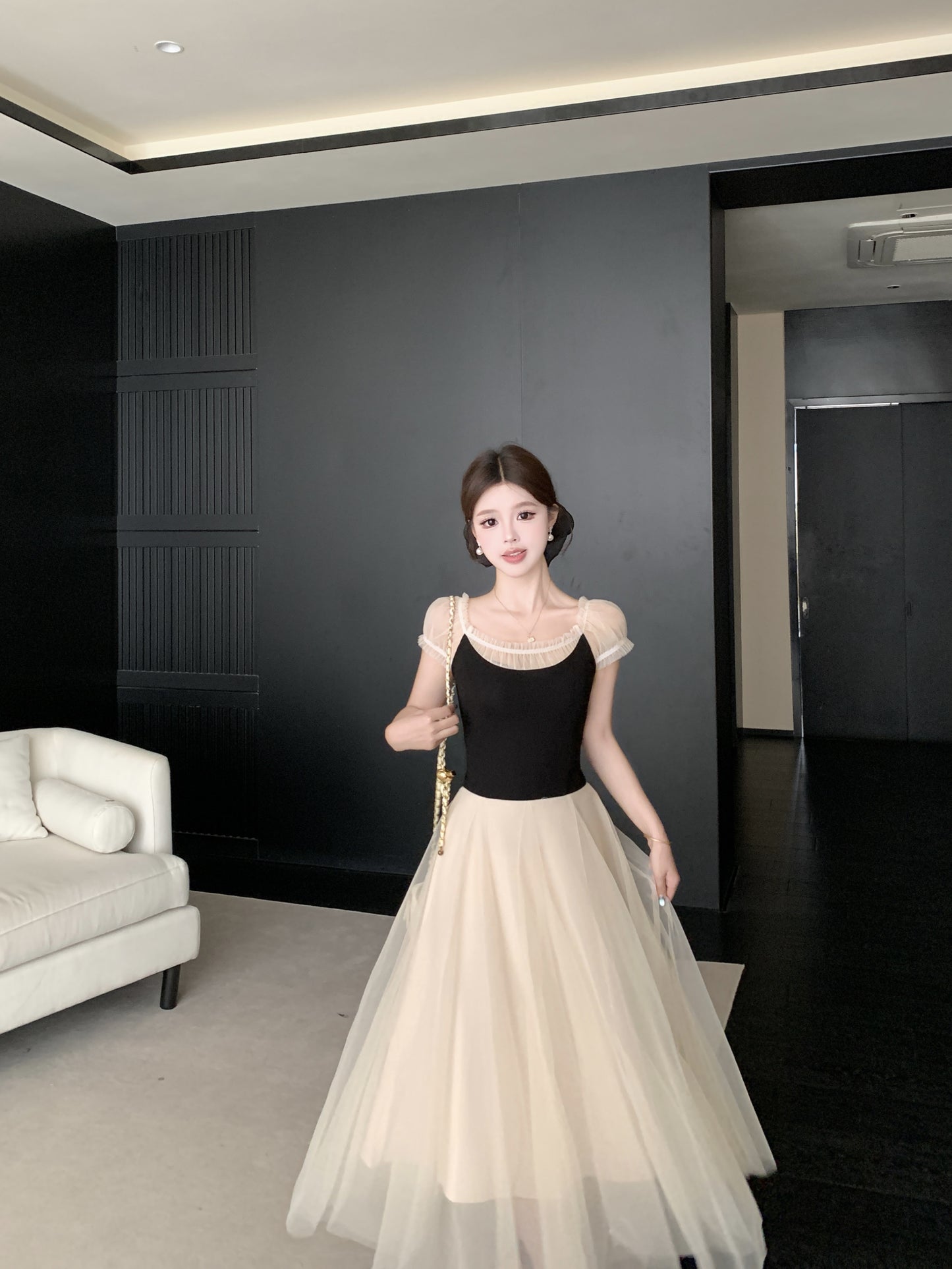 Balletcore Style High-Waist Mesh Gown  With Ribbon Tie