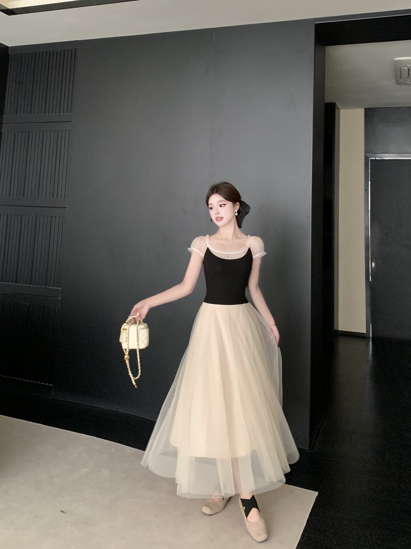 Balletcore Style High-Waist Mesh Gown  With Ribbon Tie