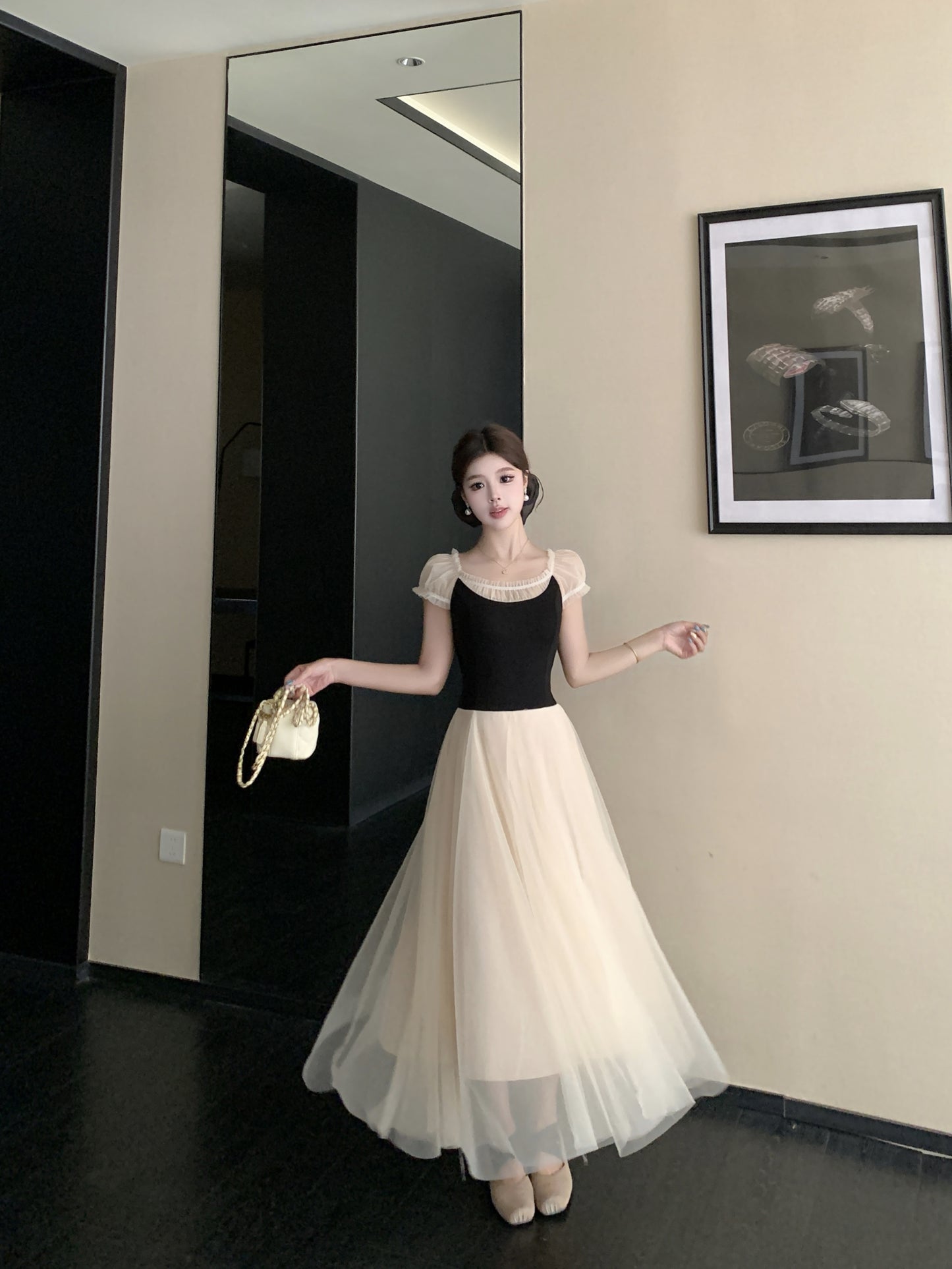 Balletcore Style High-Waist Mesh Gown  With Ribbon Tie