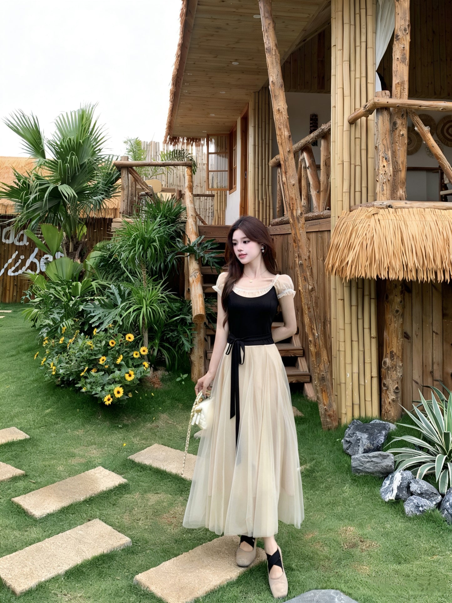 Balletcore Style High-Waist Mesh Gown  With Ribbon Tie