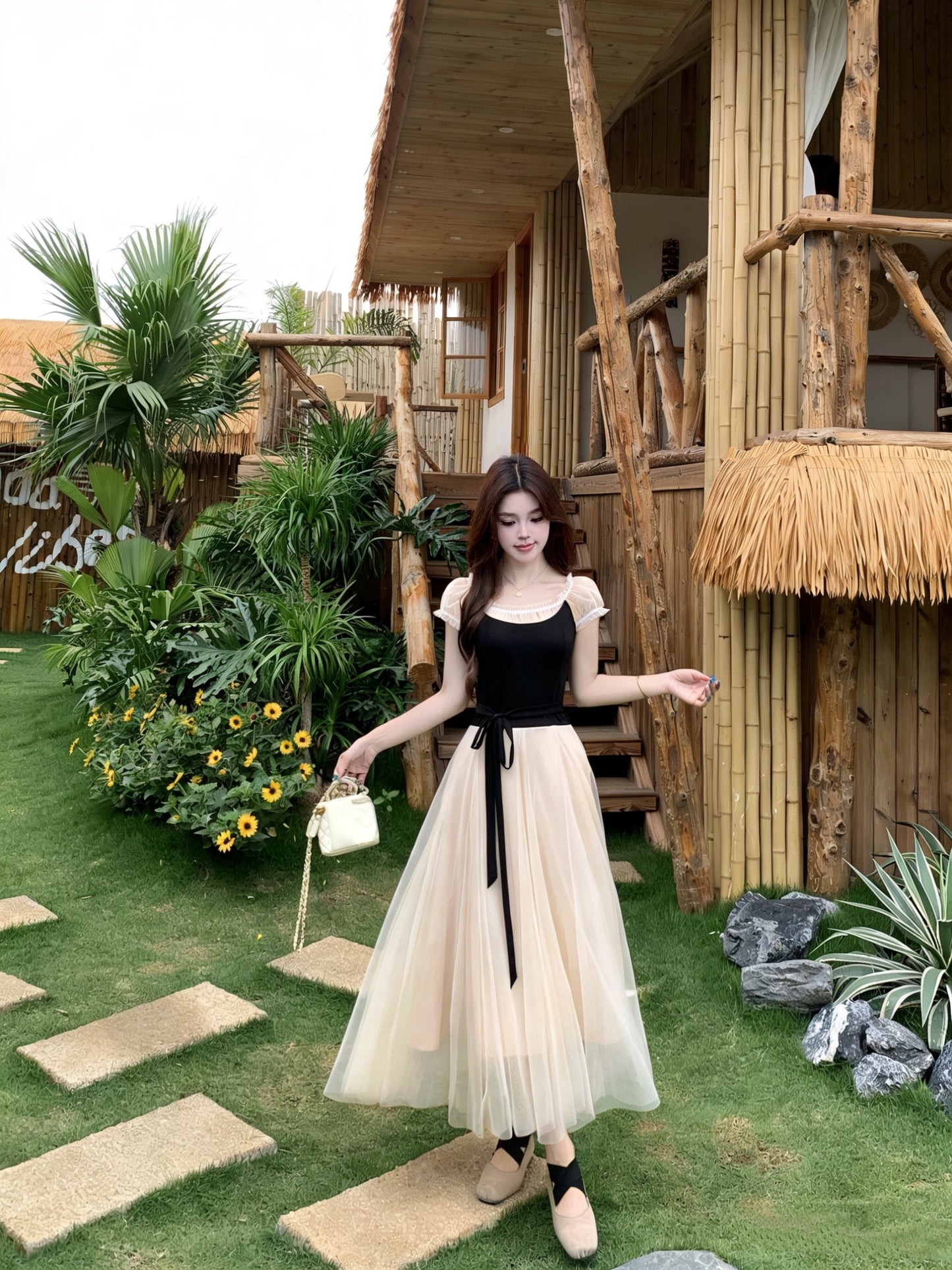 Balletcore Style High-Waist Mesh Gown  With Ribbon Tie