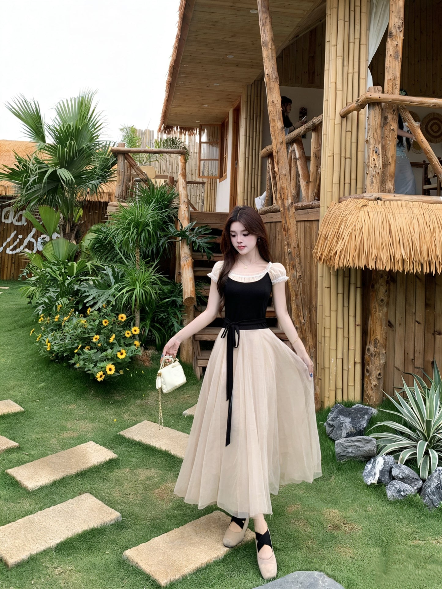 Balletcore Style High-Waist Mesh Gown  With Ribbon Tie
