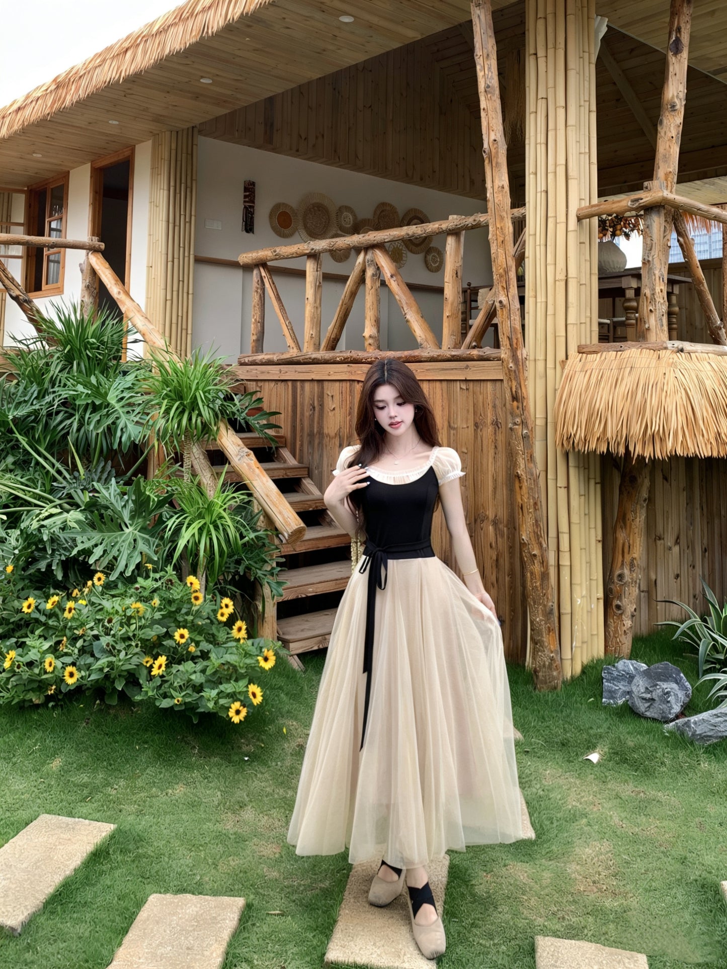 Balletcore Style High-Waist Mesh Gown  With Ribbon Tie