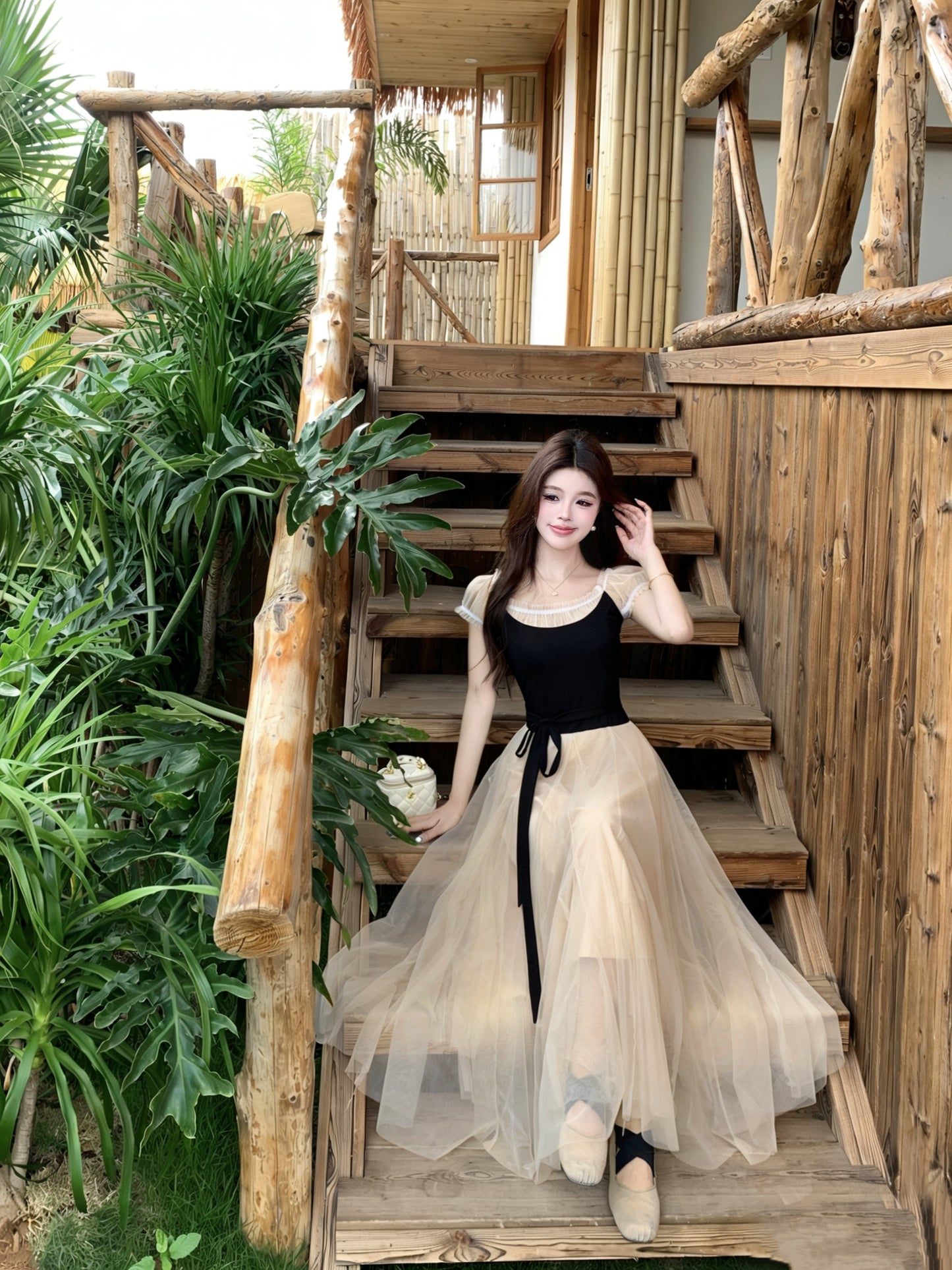 Balletcore Style High-Waist Mesh Gown  With Ribbon Tie