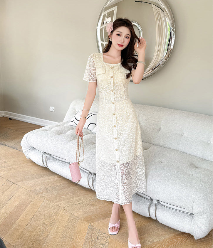 Belle Epoque Short- Sleeve Floral Lace Tea Dress