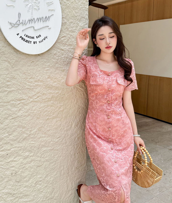 Belle Epoque Short- Sleeve Floral Lace Tea Dress