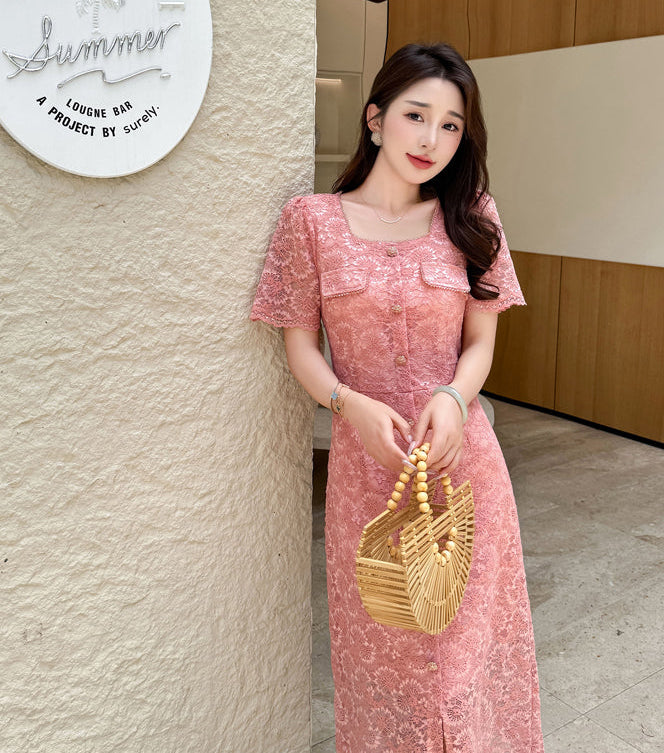Belle Epoque Short- Sleeve Floral Lace Tea Dress